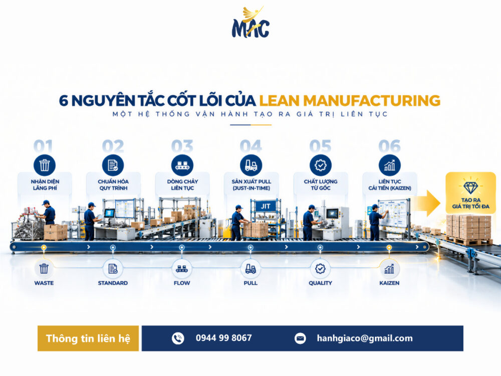 Sáu nguyên tắc Lean Manufacturing gồm nhận diện lãng phí, chuẩn hóa quy trình, dòng chảy liên tục, sản xuất Pull, chất lượng từ gốc và cải tiến Kaizen.