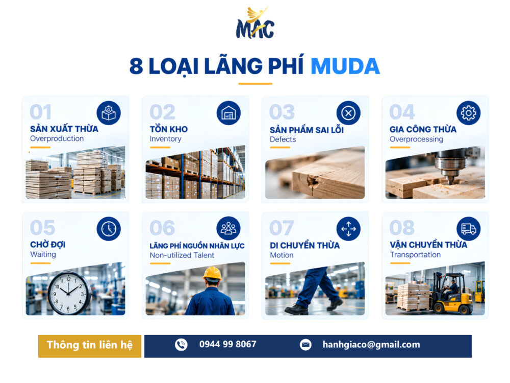8 loại lãng phí Muda trong Lean Manufacturing gồm sản xuất thừa tồn kho sai lỗi gia công thừa chờ đợi nhân lực di chuyển và vận chuyển